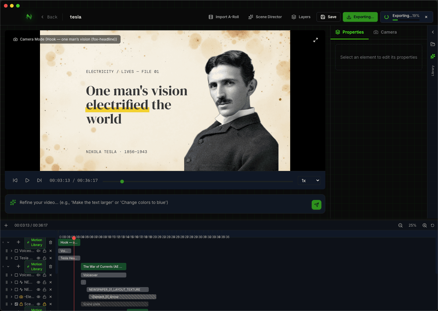 The NeoMotion editor: a documentary-style headline scene on the canvas, an AI refine prompt bar, and the fully editable timeline below